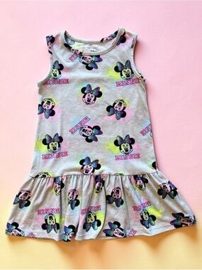 Disney Minnie Mouse Neon Print Dress Girls XS 4/5 Gray Sleeveless Ruffle Hem